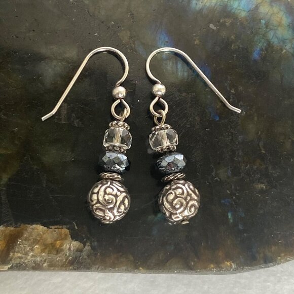 Sterling Silver 925 Faceted Glass Scrollwork Beaded Dangle Earrings - Picture 7 of 12